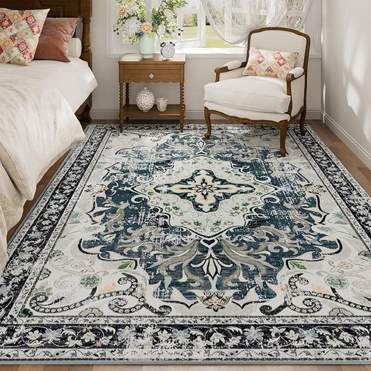RUSHUFFY 5x7 Washable Area Rugs for Bedroom, Vintage Boho Distressed Print Pattern Rugs for Living Room, Soft Non-Slip Carpet for Indoor Dining Room Nursery Farmhouse Girls Room, Slate Blue & Beige