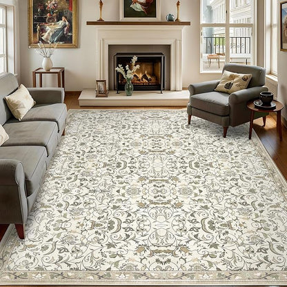5×7 Washable Large Area Rugs for Living Room, Floral Soft Rug Non Slip Stain Resistant Carpet for Bedroom Dining Room Kitchen Farmhouse Home Decor，Beige Multi 061