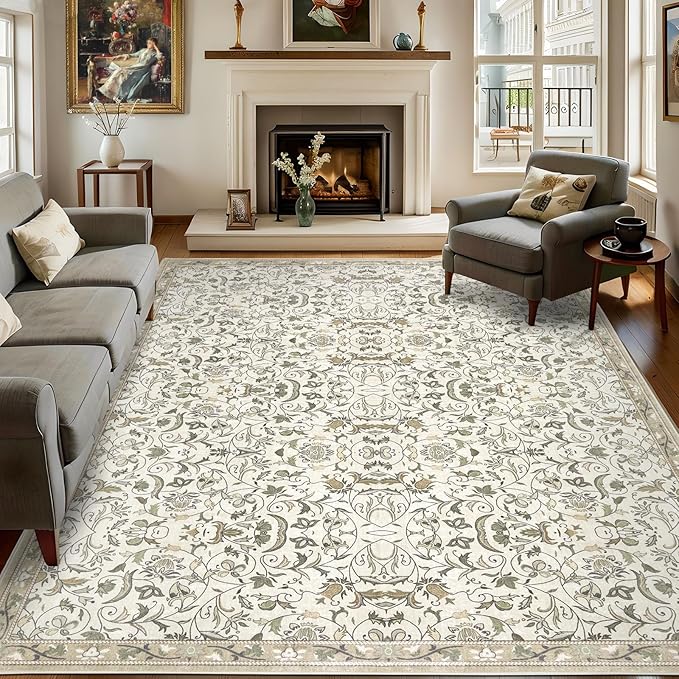 3×5 Washable Large Area Rugs for Living Room, Floral Soft Rug Non Slip Stain Resistant Carpet for Bedroom Dining Room Kitchen Farmhouse Home Decor，Beige Multi 061