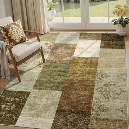 UERMEI 5x7 Area Rug Washable, Brown Modern Geometric Rugs for Living Room, Non-Slip Patchwork Carpet, Stain Resistant Low-Pile Foldable Rug for Bedroom Dining Room - Brown