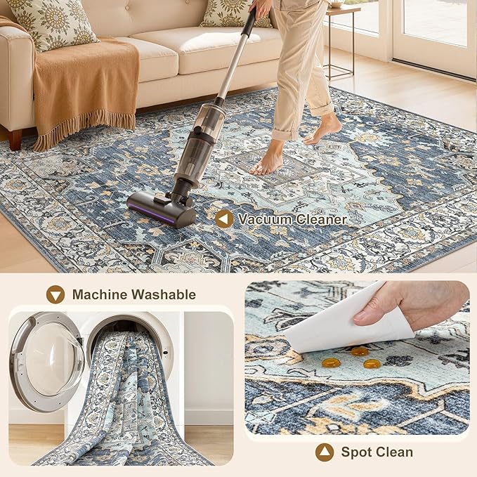 5x8 Washable Area Rugs for Living Room: Non Slip Vintage Blue Yellow Rug, Large Soft Stain Resistant Indoor Floor Carpets for Bedroom Dining Room Nursery Home Office Kid & Pet Friendly