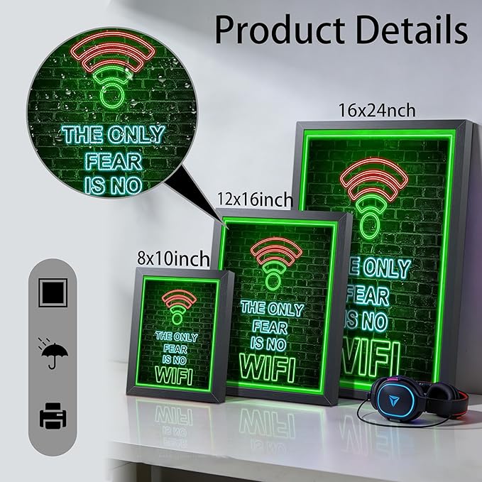 Framed Gamer Wall Art, Boys Game Room Wall Decor Painting, The Only Fear Is No WiFi Neon Canvas Print Picture, Green LED Style Gaming Room Decor Oil Painting for Kids Teens Bedroom 8x10 Inch