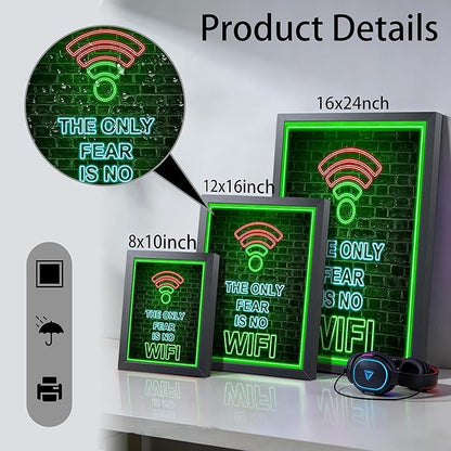 Framed Gamer Wall Art, Boys Game Room Wall Decor Painting, The Only Fear Is No WiFi Neon Canvas Print Picture, Green LED Style Gaming Room Decor Oil Painting for Kids Teens Bedroom 8x10 Inch