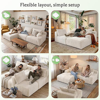 Homkdom L-Shaped Cloud Boneless Couch with Deep Seat, Modular Sectional Sofa with Oversized Chaise, 6 Layouts Combination for Living Room, Apartment, No Assembly (White, Left Chaise)