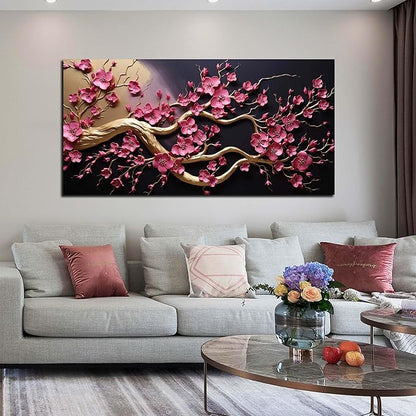 Ouzzlie Flower Wall Decor for Office Plum Blossom Tree Picture Black Canvas Art Gold Artwork Print for Bedroom Living Room 24" x 48"