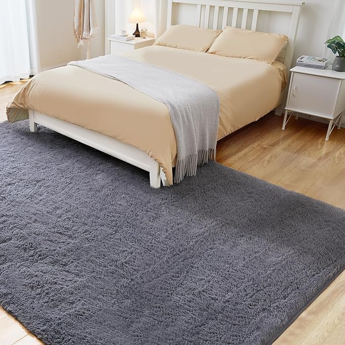 Puremy 6x9 Super Soft Grey Rugs for Living Room, Fluffy Shaggy Area Rug for Bedroom, Anti-Skid High Pile Indoor Carpet for Nursery, Kids Room, Bedside, Home Decoration