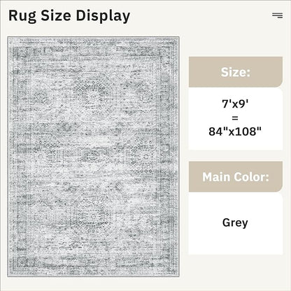 Soalmost 7x9 Area Rug for Living Room Washable Abstract Vintage Soft Thin Indoor Floor Non-Slip Carpet for Bedroom Dining Room Grey