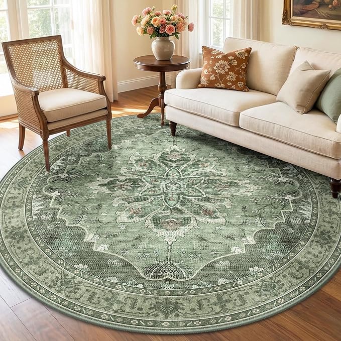 RELEANY Area Rugs Round 6ft Washable Non-Slip, Floral Vintage Distress Print Pattern Medallion Carpet for Living Room Bedroom Dining Room, Dark Green Gray