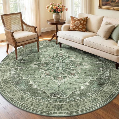 RELEANY Area Rugs Round 6ft Washable Non-Slip, Floral Vintage Distress Print Pattern Medallion Carpet for Living Room Bedroom Dining Room, Dark Green Gray