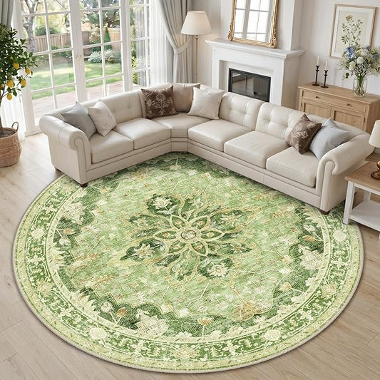 RELEANY Area Rugs Round 10ft Washable Non-Slip, Floral Vintage Distress Print Pattern Medallion Carpet for Living Room Bedroom Dining Room, Sage Green Yellow