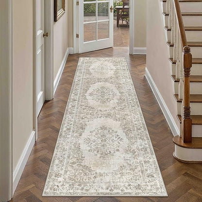 PureCozy 2'6"x14' Runner Rug Beige Washable Hallway Kitchen Bedroom Vintage Distressed Bathroom Non Slip Medallion Floral Carpet Indoor Retro Throw Floor Mat for Office Dining Laundry Living Room