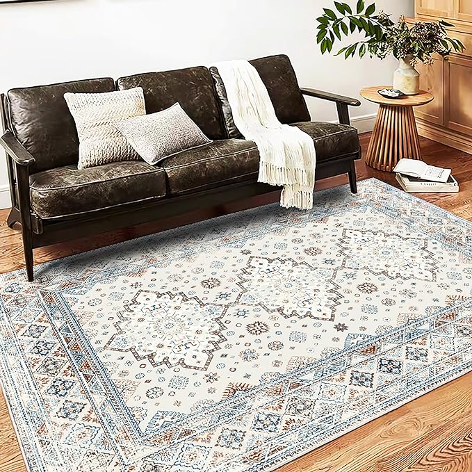 CHAMPLANT Washable Area Rug 5x7 Retro Boho Chic Medallion Distressed Design for Living Room Indoor Non-Slip Large Oriental Accent Throw Rug for Kitchen Entryway Bedroom Office Rug