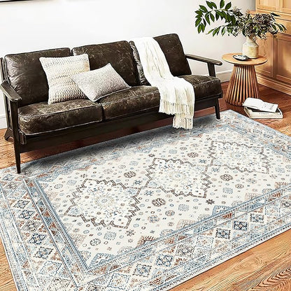 CHAMPLANT Washable Area Rug 5x7 Retro Boho Chic Medallion Distressed Design for Living Room Indoor Non-Slip Large Oriental Accent Throw Rug for Kitchen Entryway Bedroom Office Rug