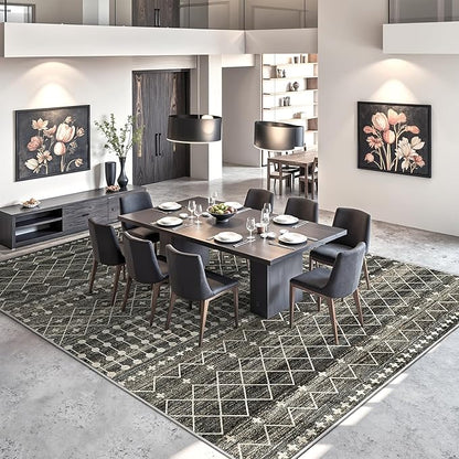 Miukiki 9x12 Area Rug for Living Room Moroccan Washable Rugs Non Slip Indoor Floor Carpet Foldable Large Soft Area Rug for Dining Room Bedroom with Low Pile(Black,9'x12')