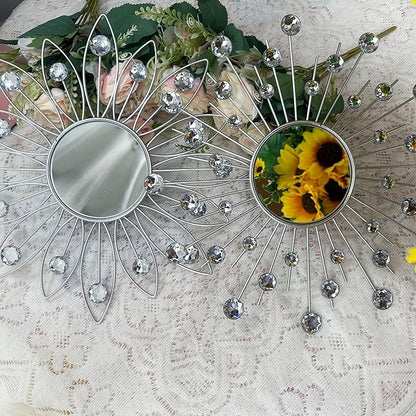Uaussi 3 Pack Crystal Sunburst Wall Mirror Décor Rhinestone Mirrors Decorative Home Wall Art for Living Room Bedroom Entryway(Flower+Sunburst Silver)
