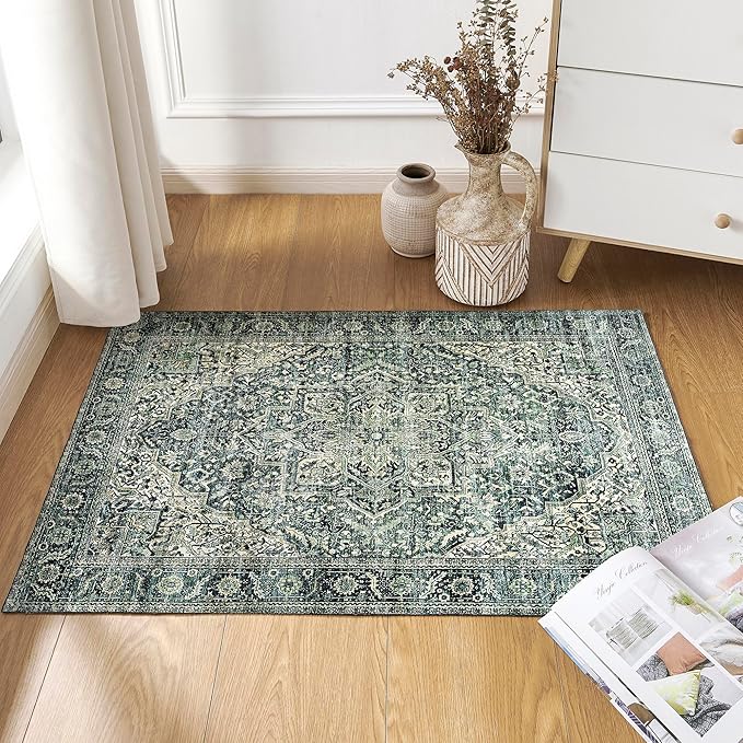 BILEEHOME Dark Emerald Green 2x3 Rug for Living Room,Vintage Floral Waterproof Non Slip Cool Area Rugs for Men Office Hardwood Floors Bedroom