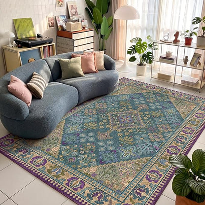 Kokia 6x9 Area Rugs for Living Room, Machine Washable Low Pile Rug, Non Slip Backing Boho Rugs for Bedroom, Printed Soft Vintage Carpet Teal Green Purple 6 x 9