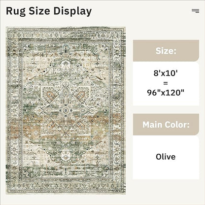 Soalmost Washable Area Rug 8x10, Large Soft Rugs for Living Room Farmhouse Vintage Area Rugs for Bedroom Dining Room Non-Slip Stain Resistant Under Table Rug Olive Beige