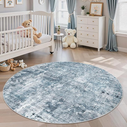 Soalmost 6x6 Blue/Grey Round Rug 6ft Living Room Circle Rug Vintage Round Area Rug Non Slip Indoor Carpet for Dining Room Bedroom