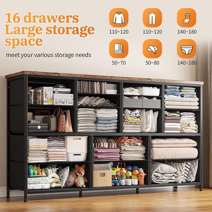 16 Drawers Long Dresser for Bedroom, 51"W Dressers with Power Outlets for 60"Inch TV for Living Room, Entertainment Center with Storage, Media TV Stand Console Table 51.1''W*11.8''D*34.8''H, Brown
