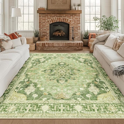 RELEANY Area Rugs Square 8ft Washable Non-Slip, Floral Vintage Distress Print Pattern Medallion Carpet for Living Room Bedroom Dining Room, Sage Green Yellow