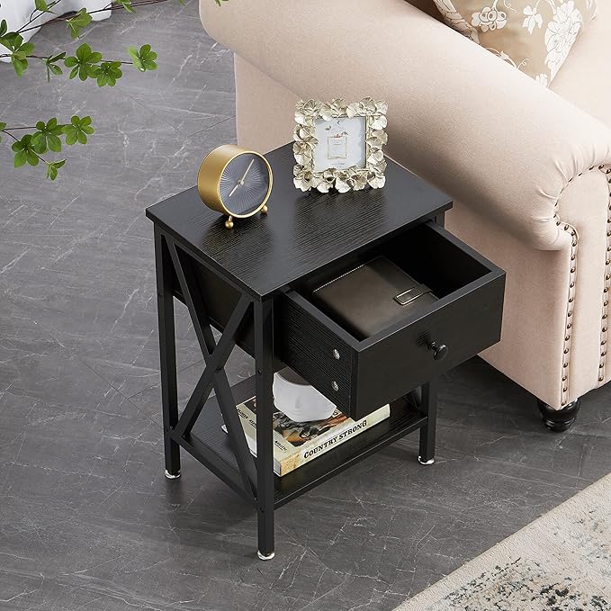 VECELO End Tables, Modern Nightstand with Drawer & Shelf, Night Stand for Bedroom Living Room,Industrial Metal Frame