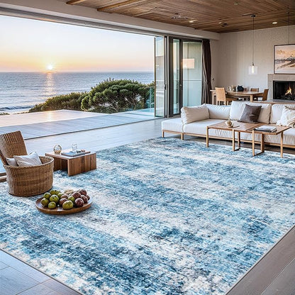 Area Rugs 9x12 Living Room - Washable Rug Modern Abstract Soft Large Neutral Non-Slip Carpet Indoor Floor Thin Carpets for Bedroom Dining Room Farmhouse Nursery Home Office Blue Grey