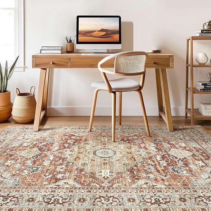 10x14 Area Rugs Living Room: Machine Washable Boho Large Vintage Soft Rug Stain Resistant Farmhouse Oriental Non Slip Indoor Carpet for Bedroom Nursery Kids Playroom Office Dining Room- Red Brown