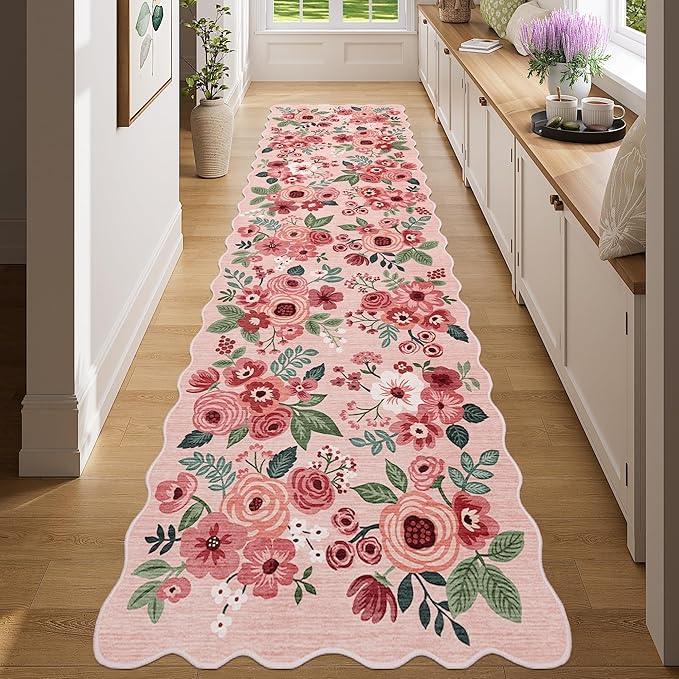DUKINO 2x8 Washable Runner Rug, Lightweight Soft Floral Hallway Rug Runner with Low Pile Design, Non Shedding & Non Slip Backing Thin Indoor Carpet for Bedroom, Bathroom, Entrance, Kitchen, Pink
