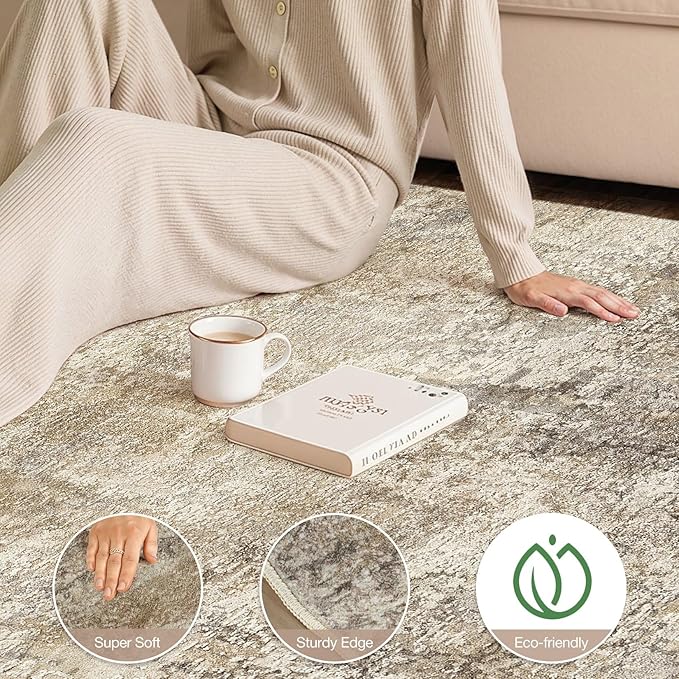 cotiled 9x12 Area Rugs for Living Room - Washable Neutral Abstract Carpet Non Slip Soft Rug for Bedroom & Dining Table, Robot Vacuum & Pet Friendly Floor Decor Brown