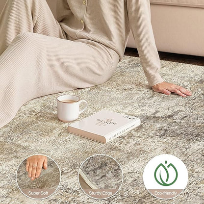 cotiled 9x12 Area Rugs for Living Room - Washable Neutral Abstract Carpet Non Slip Soft Rug for Bedroom & Dining Table, Robot Vacuum & Pet Friendly Floor Decor Brown