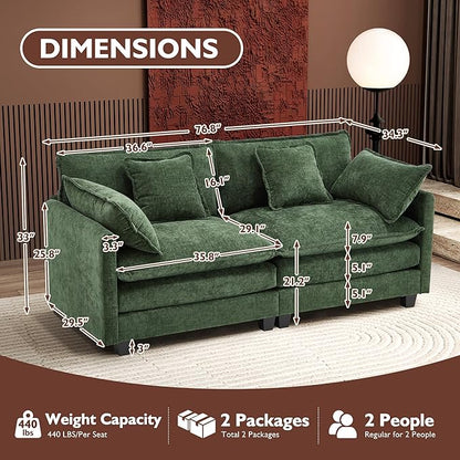 Ihanherry Cloud Sofa 77 Inch Loveseat, Modern Sectional Couch, 2-Seats Sofa for Living Room Bedroom and Apartment, Comfy Double Layer Upholstered Seat Cushion, Breathable Chenille Fabric, Green
