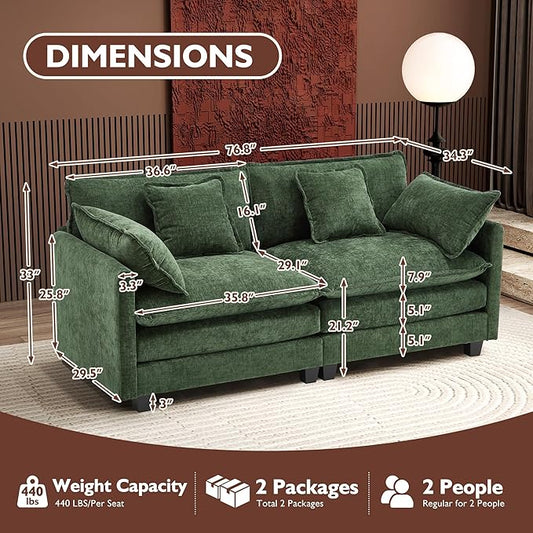 Ihanherry Cloud Sofa 77 Inch Loveseat, Modern Sectional Couch, 2-Seats Sofa for Living Room Bedroom and Apartment, Comfy Double Layer Upholstered Seat Cushion, Breathable Chenille Fabric, Green