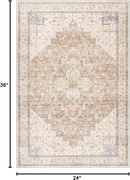 Small Area Rug 2x3, Non Slip Neutral Farmhouse Persian Washable Entryway Rug Indoor, Tan Beige and Light Brown Rust Pattern