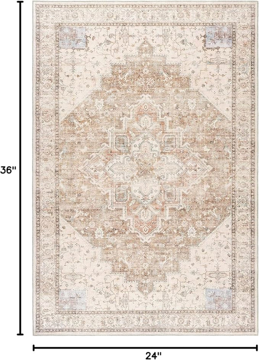 Small Area Rug 2x3, Non Slip Neutral Farmhouse Persian Washable Entryway Rug Indoor, Tan Beige and Light Brown Rust Pattern