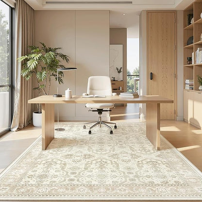 Soalmost 7x9 Area Rug for Living Room Washable Abstract Vintage Soft Thin Indoor Floor Non-Slip Carpet for Bedroom Dining Room Beige/Brown