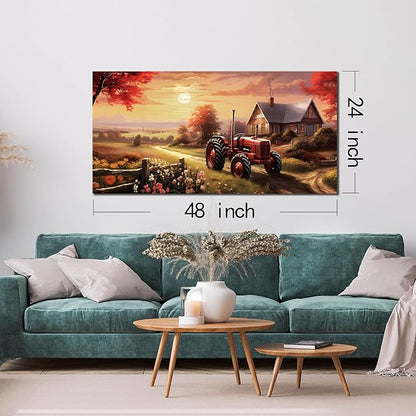 ANCXWOTER Canvas Wall Art Sunset Landscape Canvas Prints Vintage Red Tractor for Living Room Bedroom Office Home Decor Country Farmhouse Artwork 24x48 Inch
