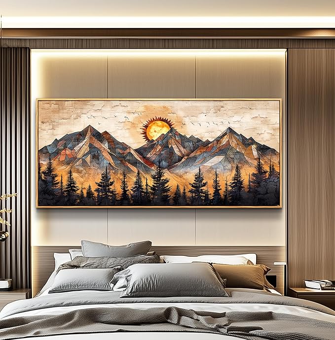 ZUITINGHUA Wood Framed Wall Art For Living Room Canvas Wall Decor For Bedroom Office Decorations Abstract Boho Paintings Mountain Landscape Pictures Modern Home Decor Artwork 32x72 In