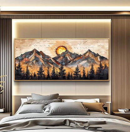 ZUITINGHUA Wood Framed Wall Art For Living Room Canvas Wall Decor For Bedroom Office Decorations Abstract Boho Paintings Mountain Landscape Pictures Modern Home Decor Artwork 32x72 In