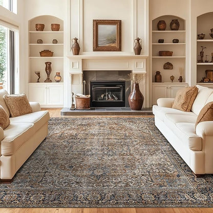 BILEEHOME Brown Rug for Living Room 8x10 Washable Organic Rustic Western Area Rugs for Cabin,Brown and Teal Blue