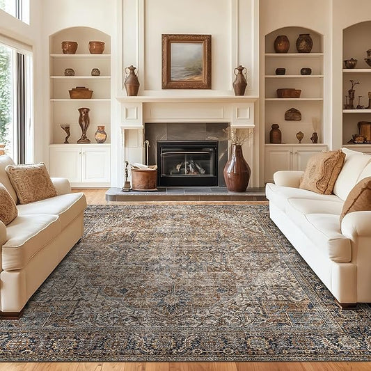 BILEEHOME Brown Rug for Living Room 8x10 Washable Organic Rustic Western Area Rugs for Cabin,Brown and Teal Blue