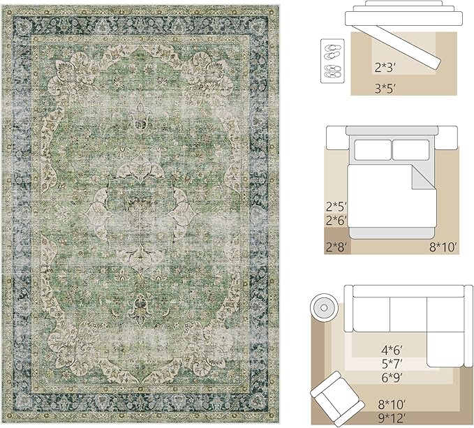 FMFUNCTEX 8x10 Green Washable Area Rug Vintage Distressed Oriental Non Slip Low Pile Neutral Indoor Carpet for Living Room Bedroom Soft Retro Floral Thin Large Rug for Dining Nursery Office Dorm