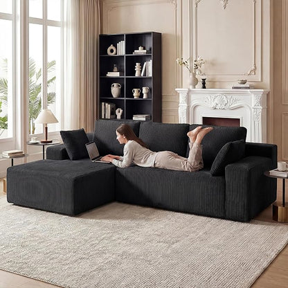 GRUSIGN Cloud Sectional Boneless Couches for Living Room, Modular L Shaped Couch with Deep Seat Oversized Left Facing Chaise, Memory Foam Compressed Spineless 3 Seater Sofa for Apartment, Black