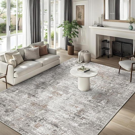 6x9 Washable Living Room Rug – Neutral Modern Abstract Soft Large Area Rug for Bedroom, Dining Room – Non-Slip Low-Pile Thin Carpet (Beige Grey)