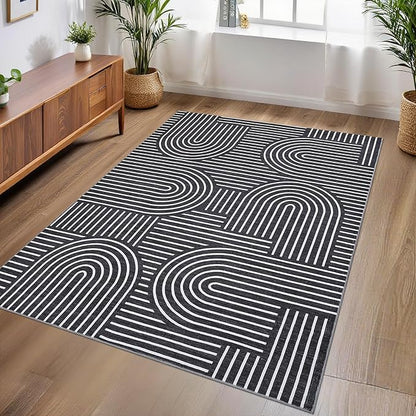 ROYHOME Washable Rug 3x5 Area Rugs for Living Room, Abstract Rug for Bedroom, Soft Rainbow Non Slip Throw Rugs with Rubber Back, Low Pile Stain Resistant Boho Geometric Carpet for Dining Room, Black