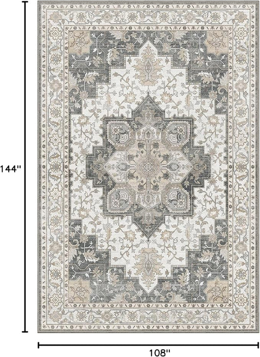 GENIMO 9x12 Area Rugs for Living Room, Non Slip Machine Washable Vintage Rugs, Low Pile Lightweight Chenille Print Large Rug for Bedroom, Dining Room, Home Office, Heathered Grey