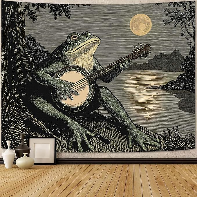 Leeisysme Funny Frog Tapestry, Boho Vintage Wall Hanging with Playing Banjo, Aesthetic Meme Decor for Bedroom Dorm Living Room, 60x80 inches