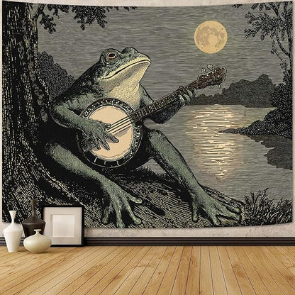 Leeisysme Funny Frog Tapestry, Boho Vintage Wall Hanging with Playing Banjo, Aesthetic Meme Decor for Bedroom Dorm Living Room, 60x80 inches