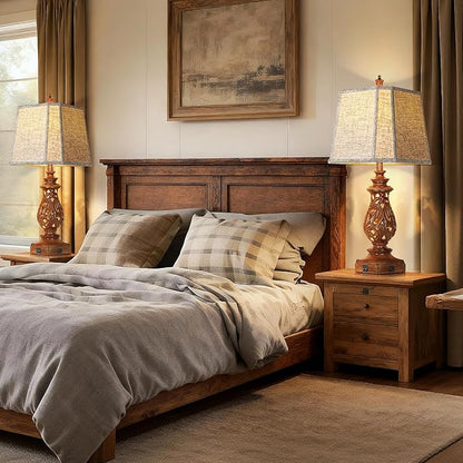 PARTPHONER 29" Table Lamps Set of 2, Bedside Lamps with USB A+C Ports & Night Light, Farmhouse Nightstand Lamps with Linen Fabric Shades for Bedroom Living Room, Wood Grain (LED Bulbs Included)