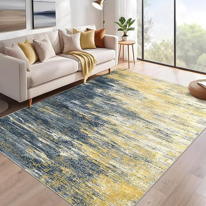 ROYHOME Washable Rug 5x7 Abstract Area Rug for Living Room, Non Slip Foldable Soft Rugs for Bedroom, Stain Resistant Rugs Modern Fuzzy Rug, Indoor Carpet for Entryway Home, Yellow/Black